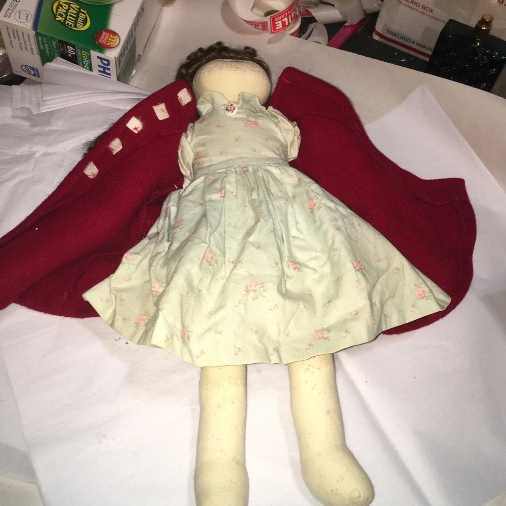 Cloth Doll Red Wool Coat Vintage Handmade Cross Stitched Face